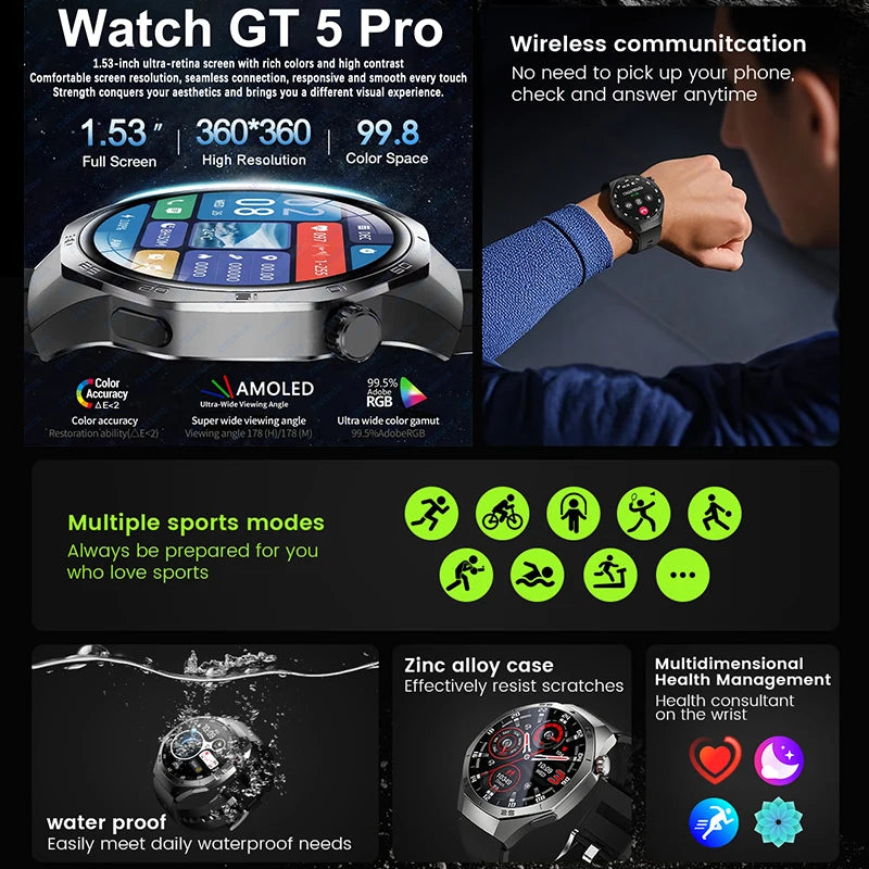 For HUAWEI GT5 Pro Smartwatch Men 360*360 HD AMOLED Screen GPS Motion Track Heart Rate Bluetooth Call IP68 Waterproof Smartwatch