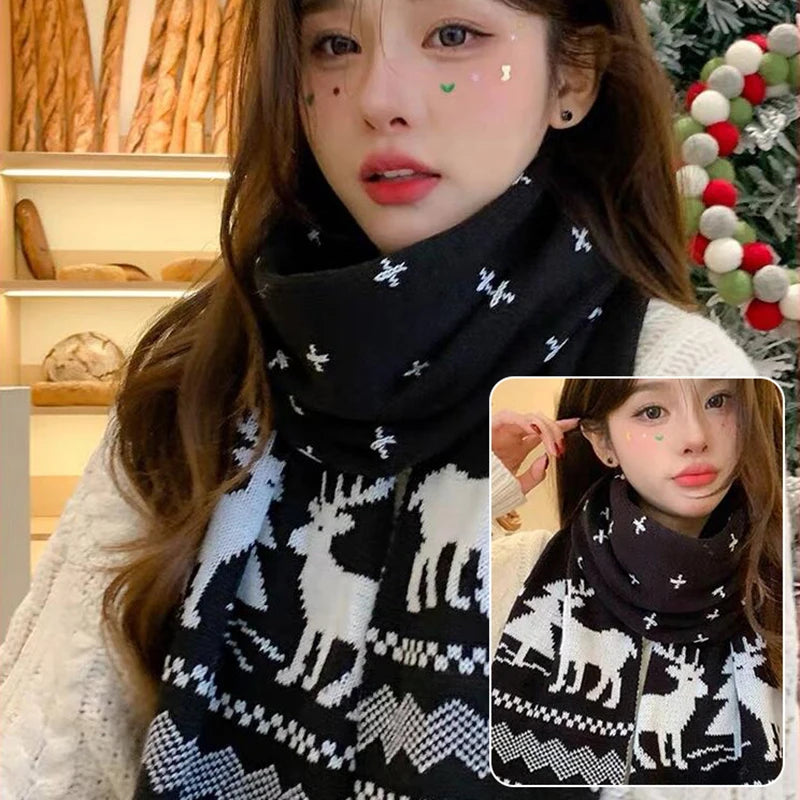 Christmas Scarf for Women Men Cute Deer Elk Knitted Scarves Winter Warm Woolen Shawl Girls Christmas Present