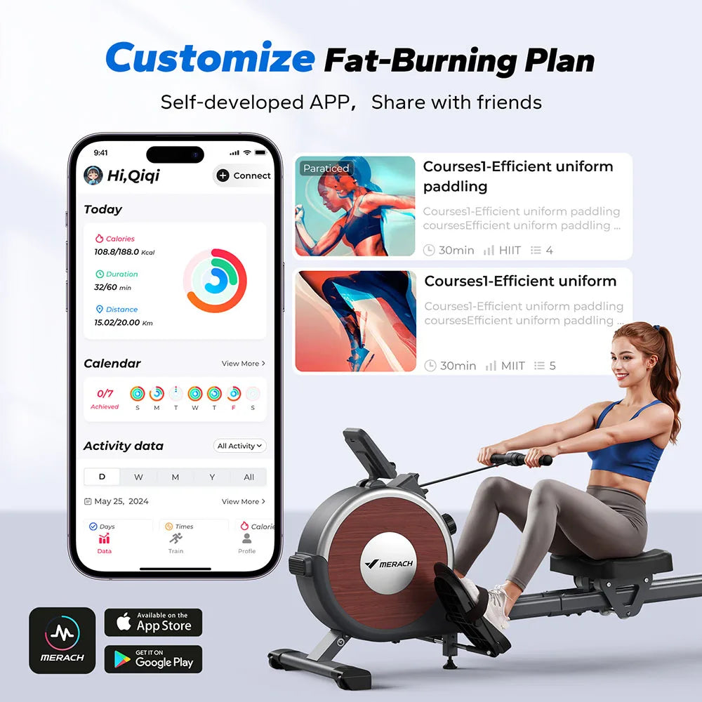 MERACH Q1S Magnetic Rowing Machine, 16-Level Resistance, 350lbs Capacity, Dual Rail, LCD Monitor, App Compatible, Manual Adjust