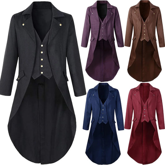 Adult Men Medieval Cosplay Black Jackets Devil Fashion Gothic Steampunk Tailcoat Costume Black Brocade Damask Wedding Halloween