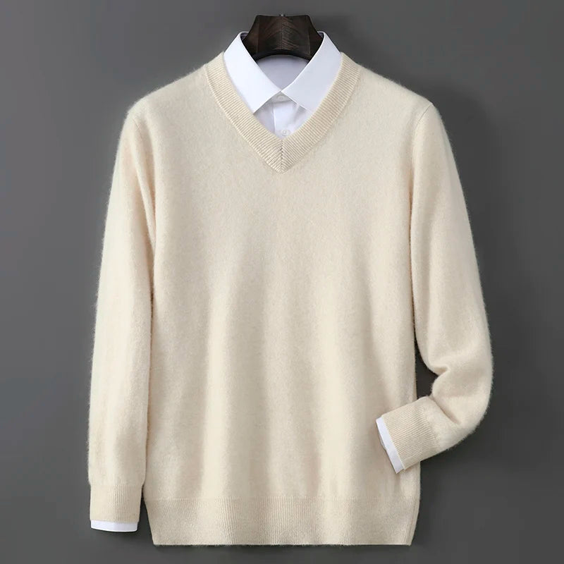 V-Neck Men's 100% Pure Wool Pullover Knitted Sweater, Business Casual Solid Color Simple Long Sleeved Fashionable Loose Warm Top