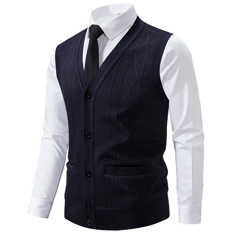 Autumn Winter Warm Slim Fit Knit Vests Men V-Neck Solid Color Smart Casual Knitted Waistcoat Mens Geometric Sleeveless Knit Vest