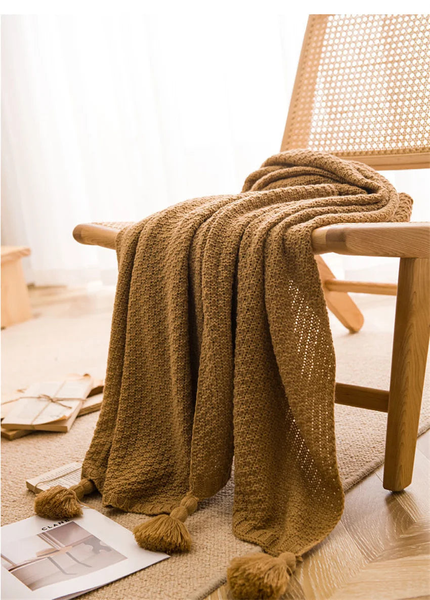 Nordic Blankets for Bed Sofa Couch Chunky Knit Bedspread Knitted Throw Blanket with Tassel Plain Color Waffle Embossed Blanket