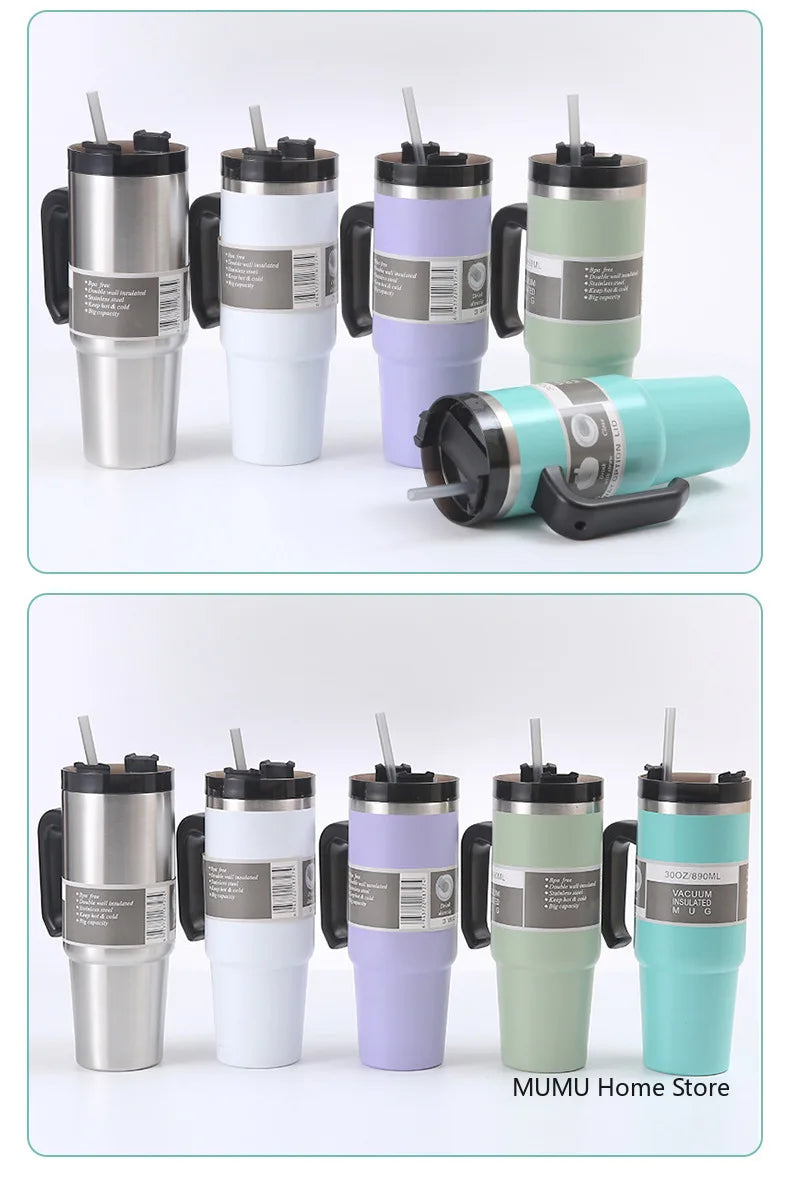 20oz/30oz Stainless Steel Car Thermos Bottle Travel Sports Water Bottle Large Capacity with Handle Straw Mug Outdoor Coffee Cup