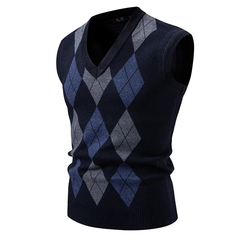 Men's Sleeveless Knit Vests Fashion Geometric Knitted Pullovers Men V-Neck Smart Casual Sweater Tank Tops Knitting Mens Clothing
