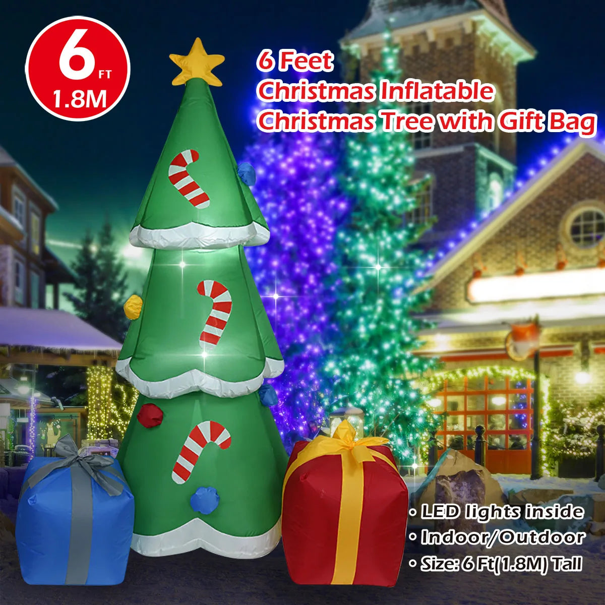 Christmas Inflatable Decorations - Branch Snowman, Santa Claus, Gingerbread Man, Gift Bag Snowman LED Light Lawn Decorations