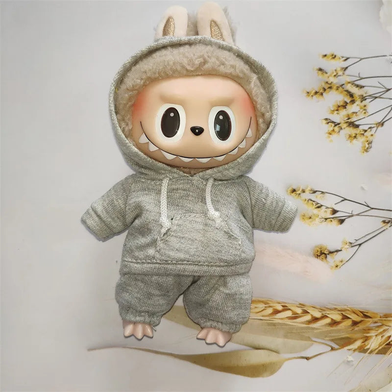 17cm Labubu Doll Black Hoodie Sweatshirt and Pants Set for Doll DIY Outfit Gift