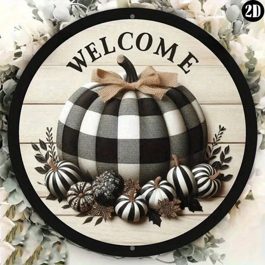 1pc 8-Inch Round Metal Welcome Sign - B&W Buffalo Plaid Pumpkin Design, Vintage Wall-Mounted Decor for Halloween Christmas Fall