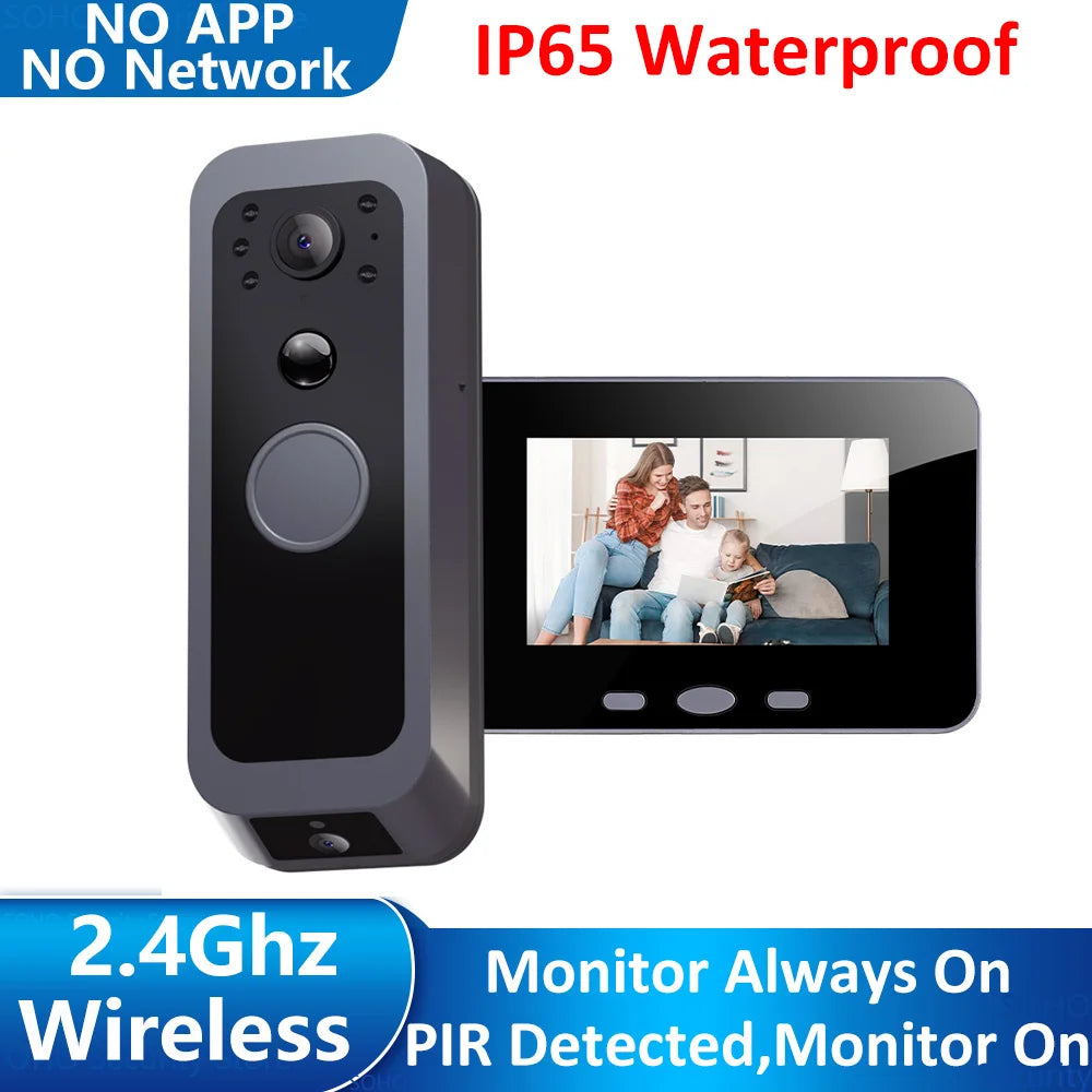 2.4Ghz Wireless Video Doorbell IP65 Outdoor Monitoring Two Way Audio Intercom Door Camera PIR Motion Detection 4' IPS Screen