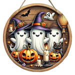 Halloween Witch Hat Circular Wooden Sign - Cute Ghost, Pumpkin, Bat Design, Suitable for Home Kitchen, Garden Porch Decoration