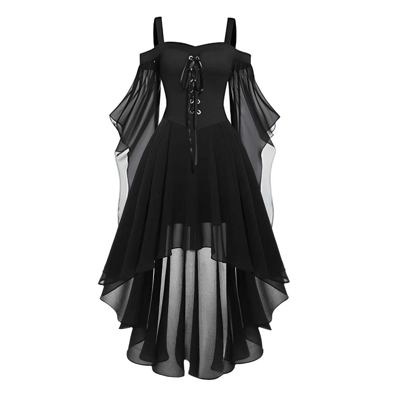 Halloween Witch Cosplay Costumes Women Casual Plus Size Cold Shoulder Dress Solid Color Chiffon Butterfly Sleeve Gothic Dress