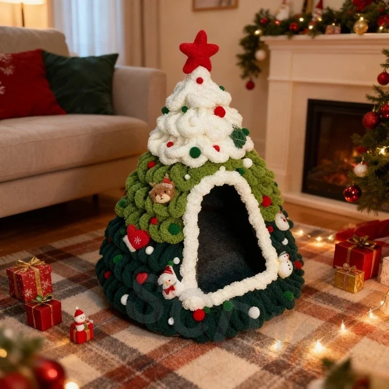 Winter Christmas Tree Cat Nest Handmade /Finished Cat Bed /Winter Warmth Semi Enclosed Dog Nest Felt Cone Pet House 크리스마스 고양이 굴