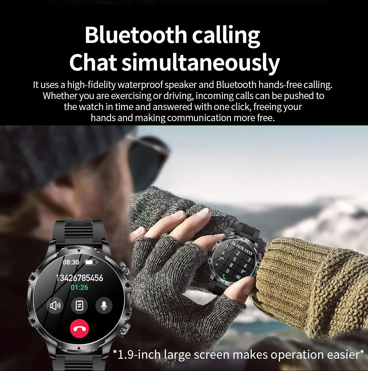 AK75 Smart Watch Flashlight 1.9inch Men Outdoors Sports Fitness Tracker 700mah Large Battery BT Calling LED Light Smartwatch