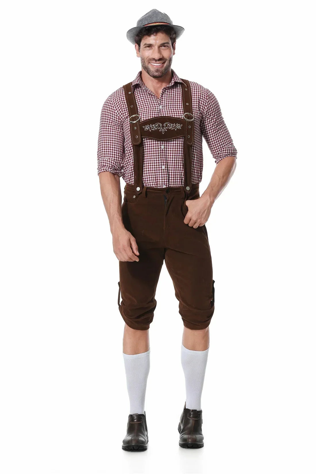 M-XXL Men Bavarian Oktoberfest Lederhosen Costume for Cosplay German Beer Festivals Suspenders Rompers Shirt Hat Set Outfit