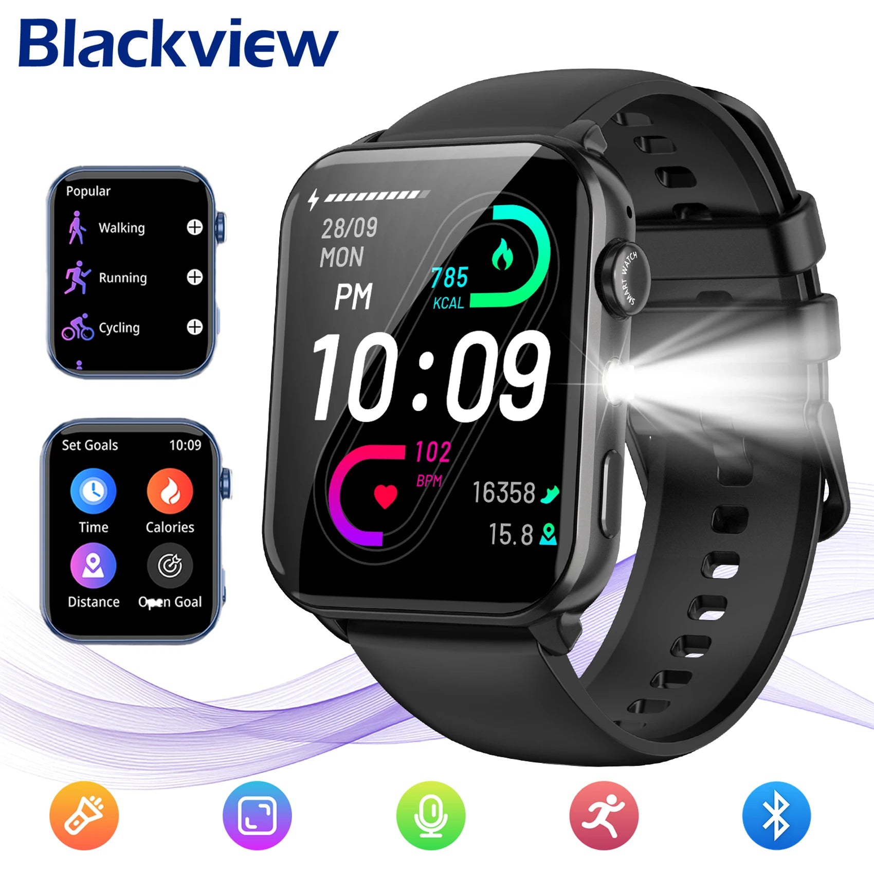 New 2025 Blackview R30 Max Smartwatch with LED Flashlight 1.91'' TFT Screen Health Monitor Bluetooth Watches for Men Women Gifts