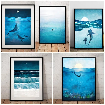 Blue Ocean Canvas Prints Minimalist Nautical Wall Art Wild Swimming Whales Seascape Poster Surfer Waves Picture Home Decor