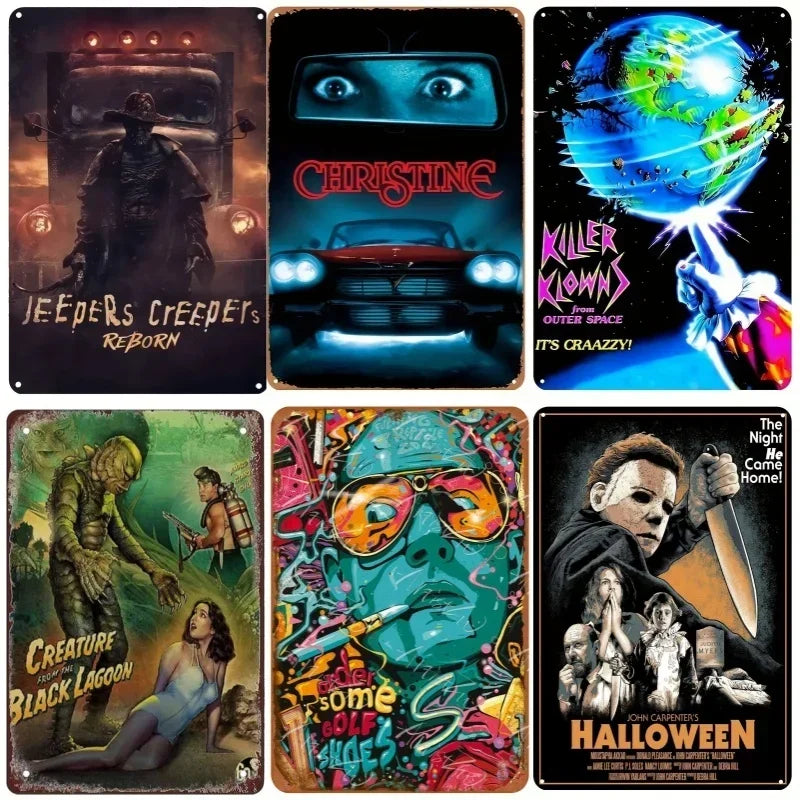 1PC Halloween Metal Sign Horror Movie Theme Shabby Iron Painting Tin Signs Wall Art Man Cave Film Theater Club Home Decoration