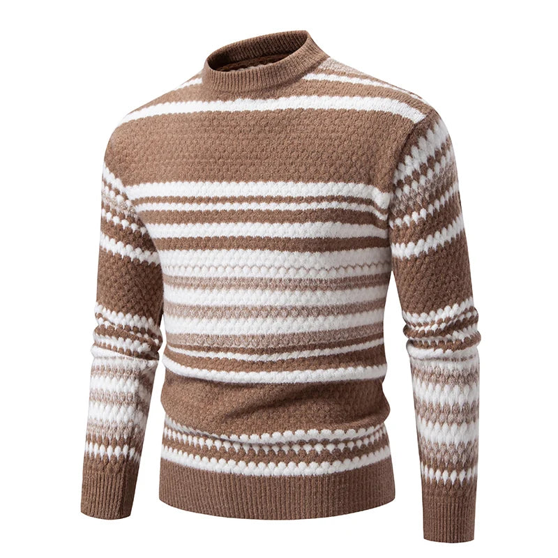 New Autumn Winter Men's Mock Neck Knit Pullovers Fashion Striped Slim Fit Knitted Sweater Men Casual Warm Pullover Knitwear Man