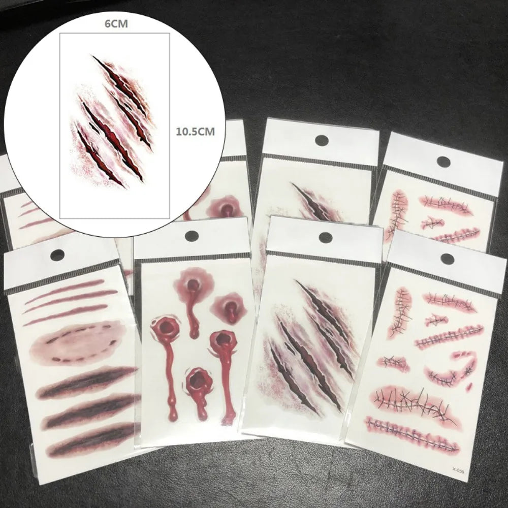 Halloween Temporary Scar Tattoos Sticker Realistic Bloody Wound Scab Body Face Decals for Makeup Masquerade Cosplay Party Prop