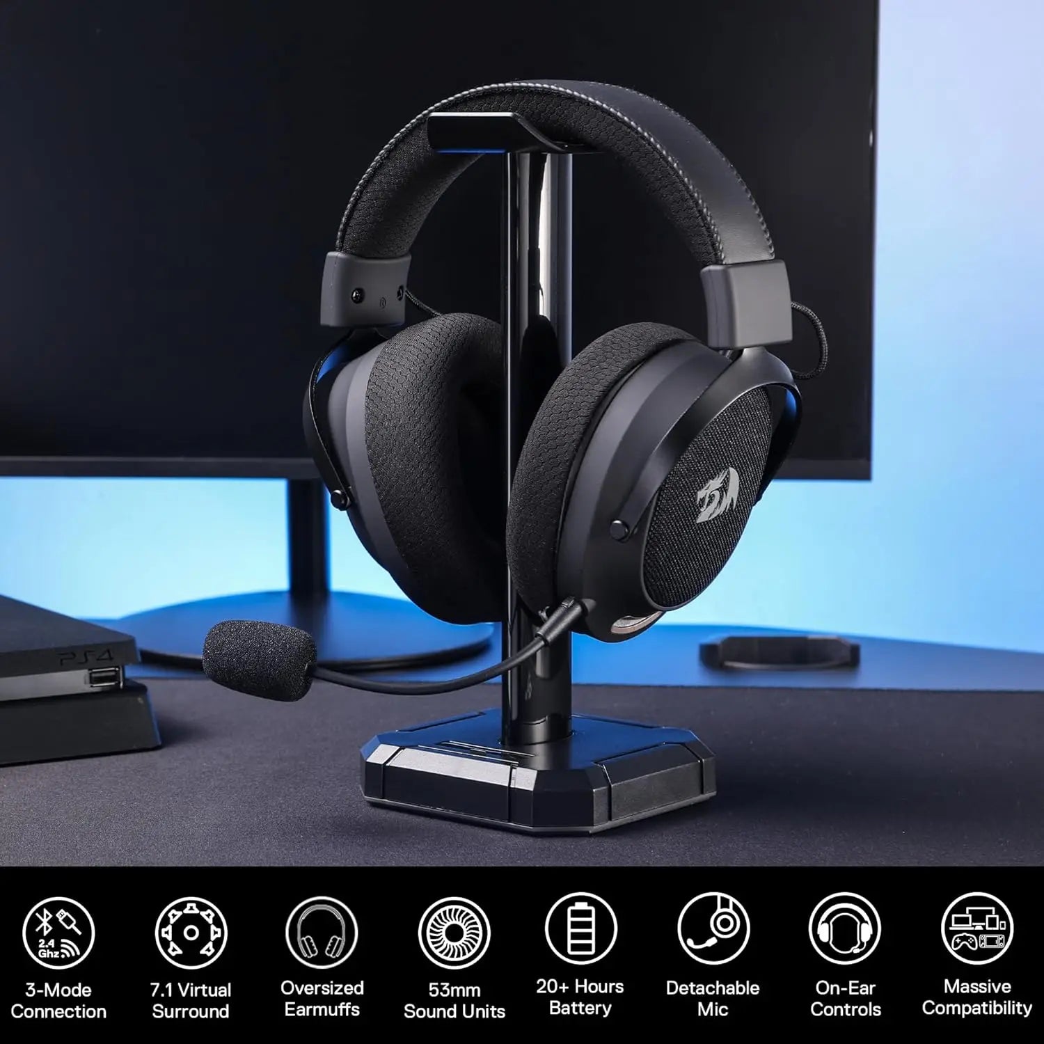 Redragon H858 3-Mode Wireless Gaming Headset 7.1 Surround Sound 53 mm Drivers Noise-canceling Microphone Over-Ear Headphones