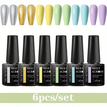 MEET ACROSS 6Pcs Gel Nail Polish Set Pink Red Green Macaron Color Manicure Kit For Nails UV Gel Nail Art Varnish Nail Supplies