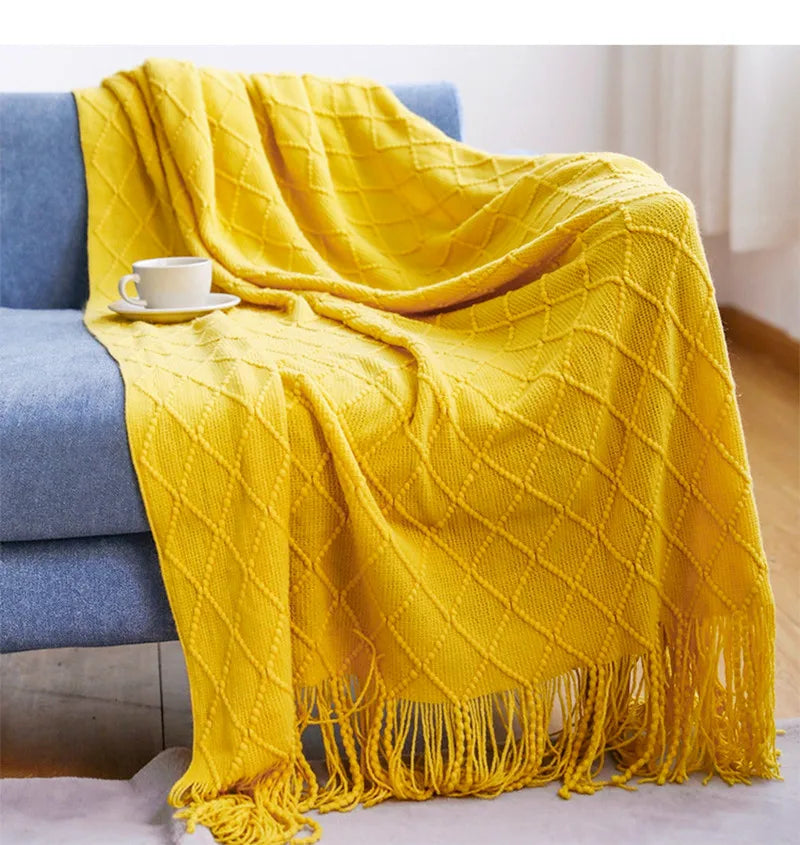 Khaki Gift Knitted Blanket with Tassels Chunky Vintage Luxury Farmhouse Throw Bedspread Oversized Blanket Cover Manta Para Sofá