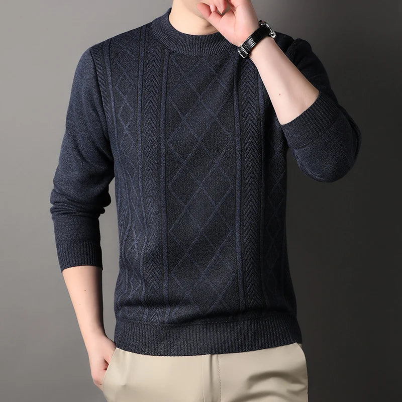 Autumn Winter Men's Fleece Knit Pullovers Solid Color O-Neck Warm Knitted Sweater Men Fashion Smart Casual Pullover Sweaters
