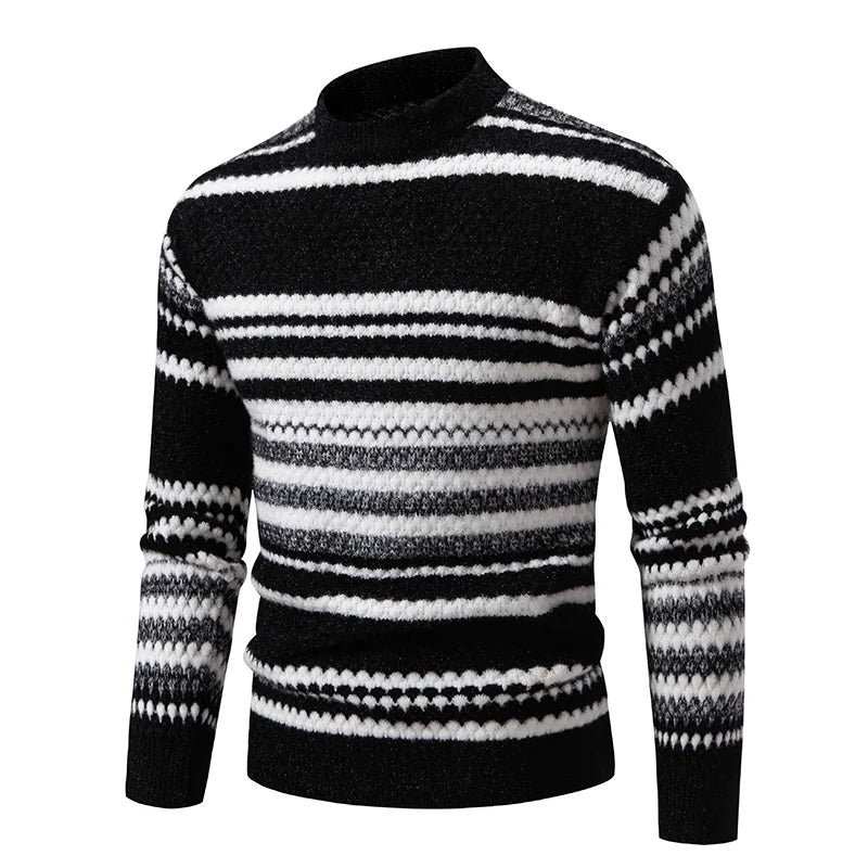New Autumn Winter Men's Mock Neck Knit Pullovers Fashion Striped Slim Fit Knitted Sweater Men Casual Warm Pullover Knitwear Man
