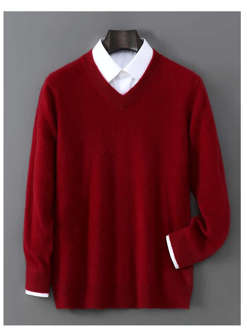 V-Neck Men's 100% Pure Wool Pullover Knitted Sweater, Business Casual Solid Color Simple Long Sleeved Fashionable Loose Warm Top