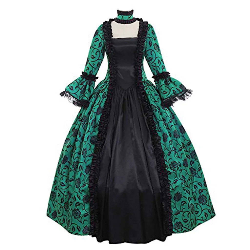 Women Vintage Exquisite Dress Gothic Retro Floral Print Ball Gowns Dress Medieval Renaissance Court Dress Halloween Costume