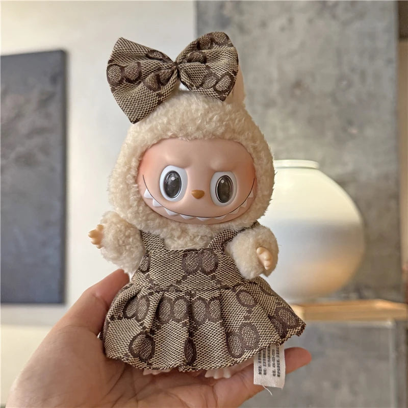 17cm For Labubu Doll Clothing Skirt Bowhair Accessory Set Retro Bib Pants Clothes Luxury Messenger Bag Shoes Set Sitting Party