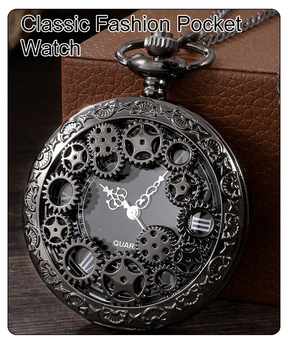Steampunk Copper Vintage Hollow Gear Hollow Quartz Pocket Watch Necklace Pendant Clock Chain Men Women with Chain Gifts