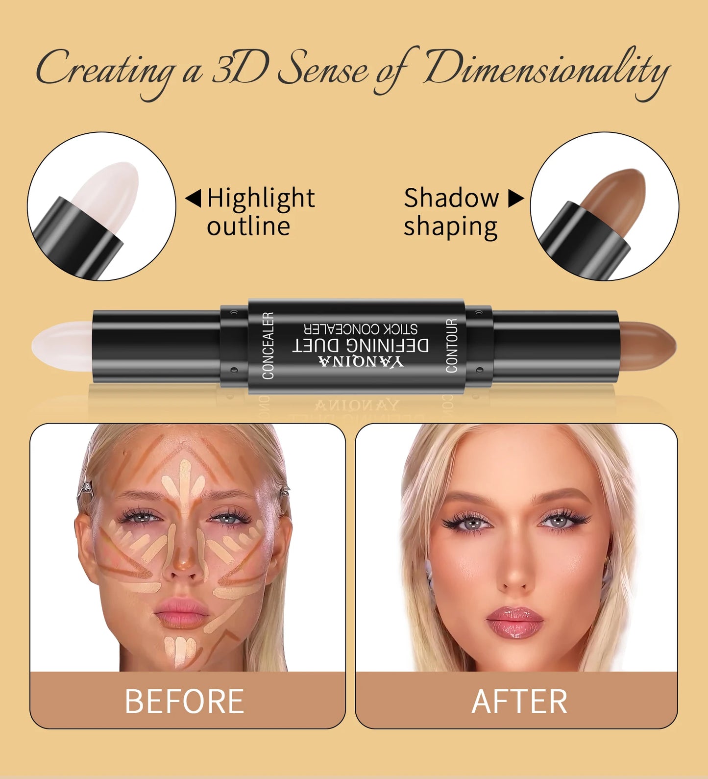Contour Stick Duo, Double-Ended Highlight and Shadow Cream, Waterproof Full Coverage Concealer, Natural Finish Makeup for All Sk