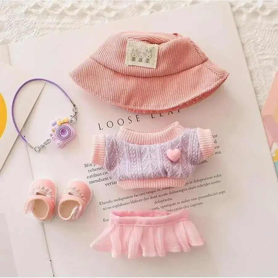 Mini Doll'S Clothes Outfit Accessories for 15-17cm Ropa Labubu & 10cm Cotton Doll Love Hoodie Pink Yarn Skirt Clothing no doll
