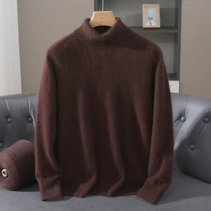 Autumn Winter Men's High Neck Pullover Knitted Sweater 100% Mink Cashmere Long Sleeved Loose Business Casual Warm Top New Styles