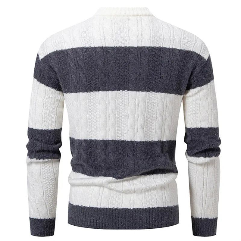 New Patchwork Mock Neck Knitting Sweater Men Fashion Striped Casual Knitted Pullovers Mens Autumn Winter Comfortable Knitwear