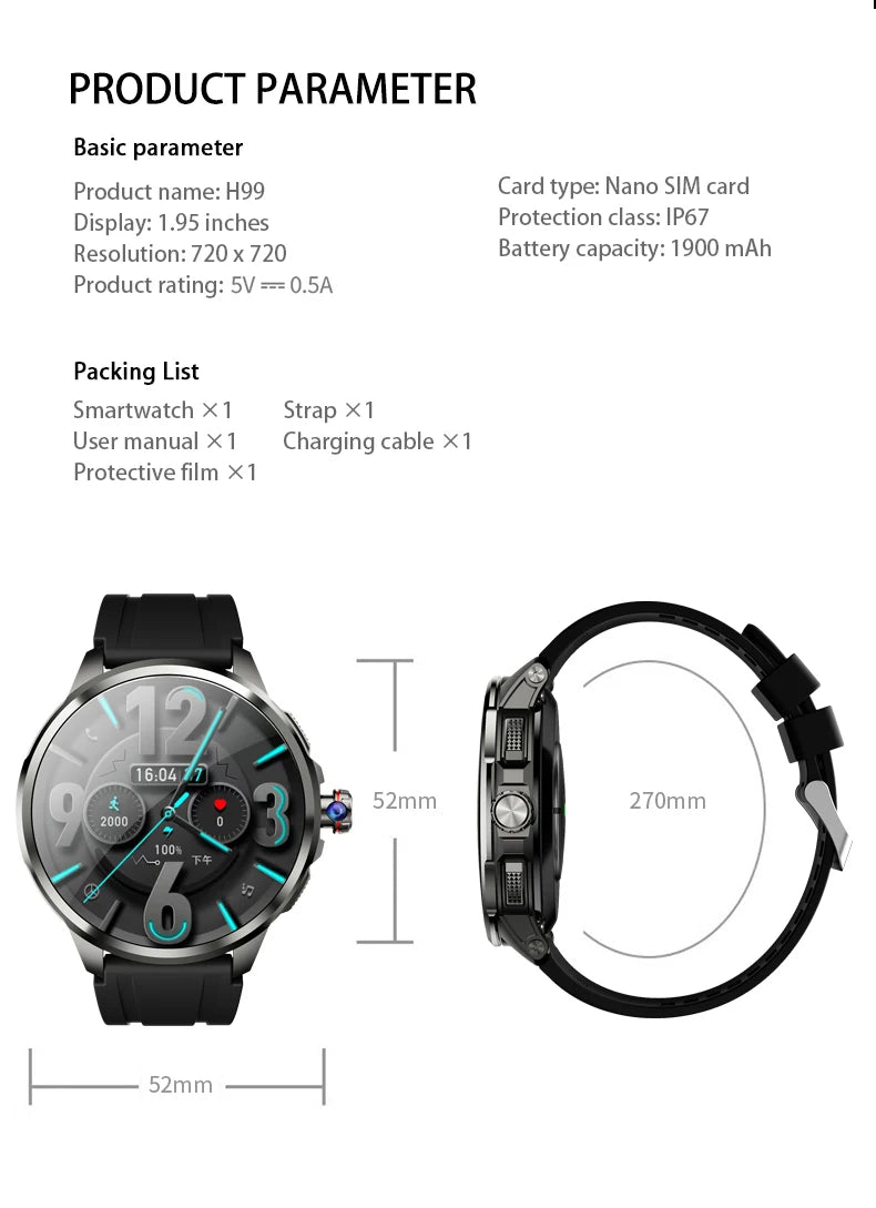 Origianl H99 Smartwatch Amoled 4G Smart Watch Men Students With 190° Rotary Camera GPS Position WIFI Connect Google Play Store