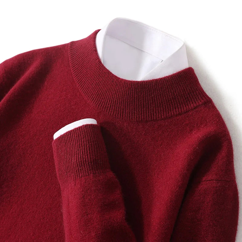 100% Pure Wool Sweater For Men, Half High Neck Knitted Pullover, Long Sleeved Casual Autumn Winter Thick High-End Sweater Warmth