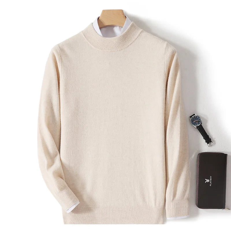 100% Pure Wool Sweater For Men, Half High Neck Knitted Pullover, Long Sleeved Casual Autumn Winter Thick High-End Sweater Warmth