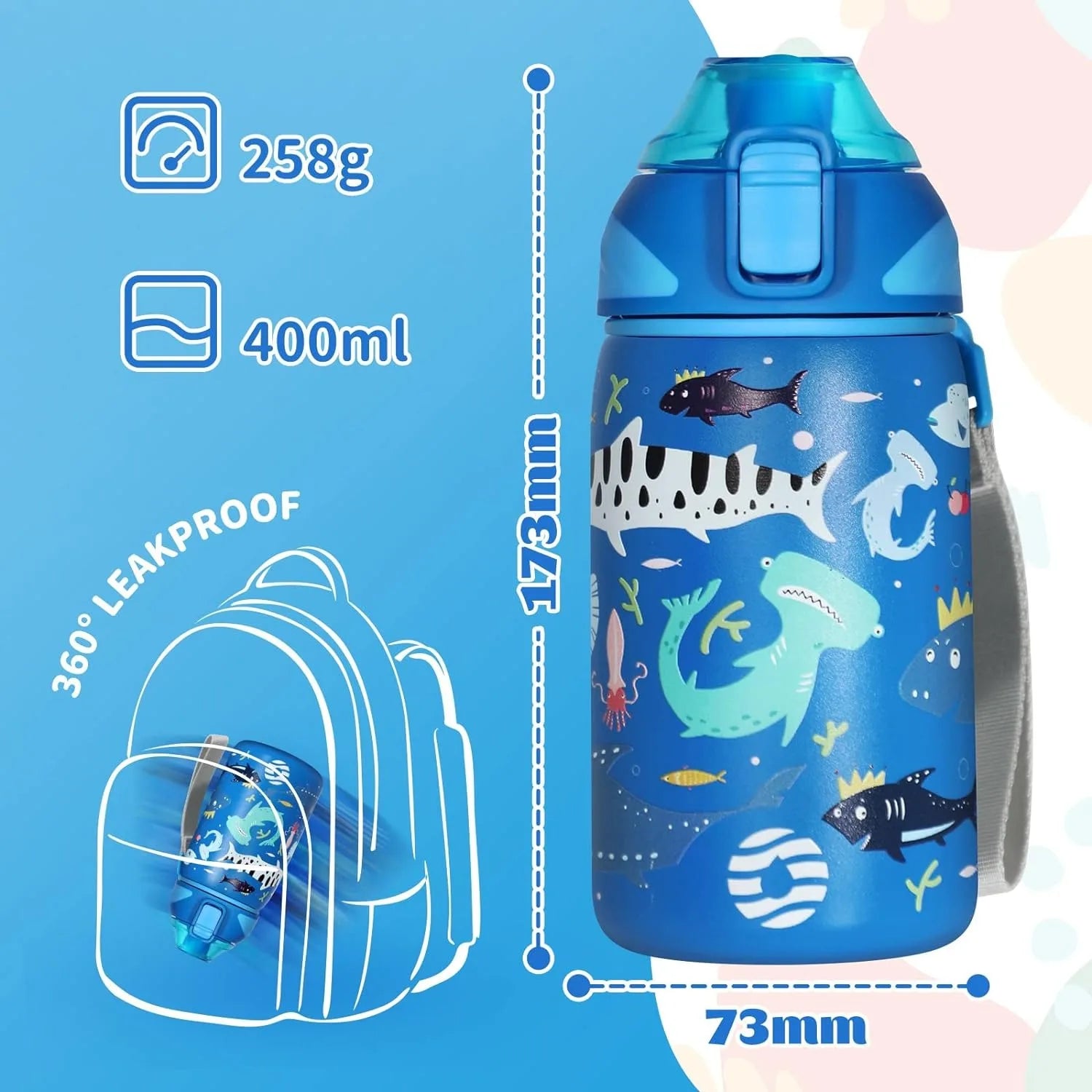 Fjbottle Kids Water Bottle Stainless Steel 400ml,1-Click Opening, BPA-Free Leak-proof Thermos Bottle, Cartoon Water bottle