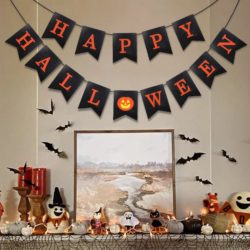 2025 Halloween Party Banner Hanging Pendants Bat Pumpkin Paper Garland Trick or Treat Happy Halloween Decoration Supplies Home