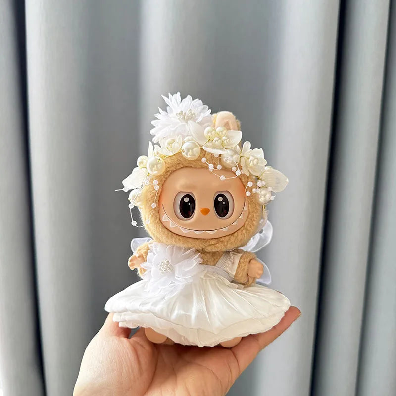 Luxury Plush Wedding Dress Dolls Clothes for Labubu I II Korea Style Fluffy Romantic Wedding Dress Flower Hat Suit for Ladbubu