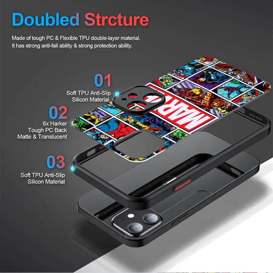 Case for iPhone 16 15 Plus 11 12 13 14 Pro Max 12 Mini 7 8 XR XS 15Pro 16e Funda Phone Cover Marvel Cartoon Comics