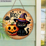 2D Halloween Circular Wooden Sign - Wizard Hat Black Cat and Pumpkin Lantern Pattern, Home, Courtyard, Porch Decoration, Gifts