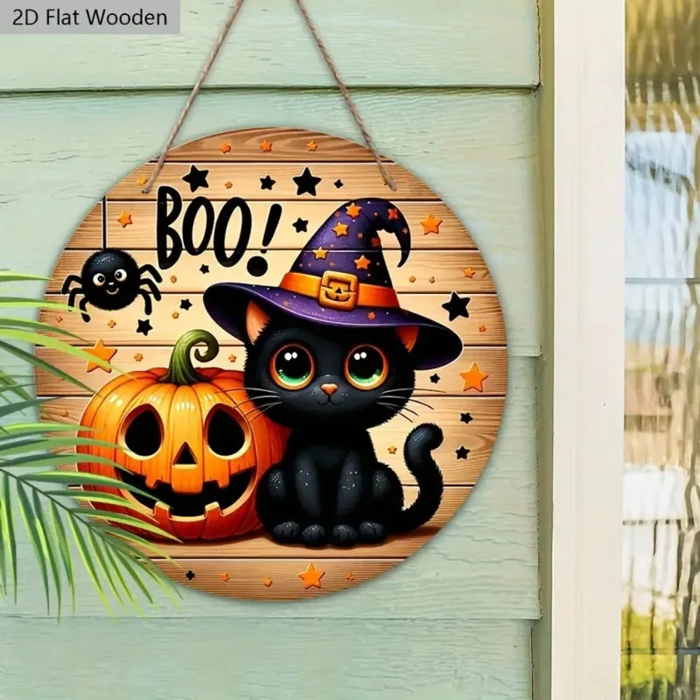 2D Halloween Circular Wooden Sign - Wizard Hat Black Cat and Pumpkin Lantern Pattern, Home, Courtyard, Porch Decoration, Gifts