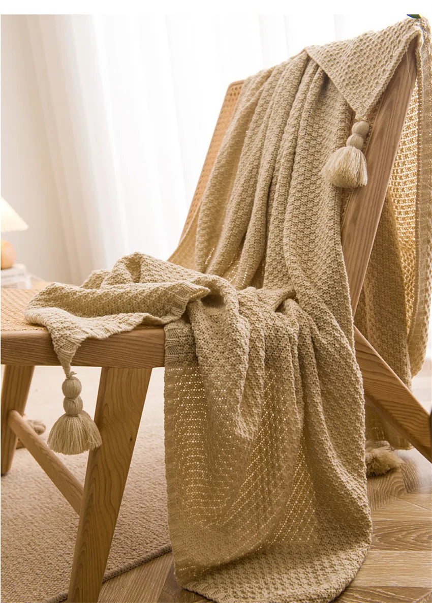 Nordic Blankets for Bed Sofa Couch Chunky Knit Bedspread Knitted Throw Blanket with Tassel Plain Color Waffle Embossed Blanket