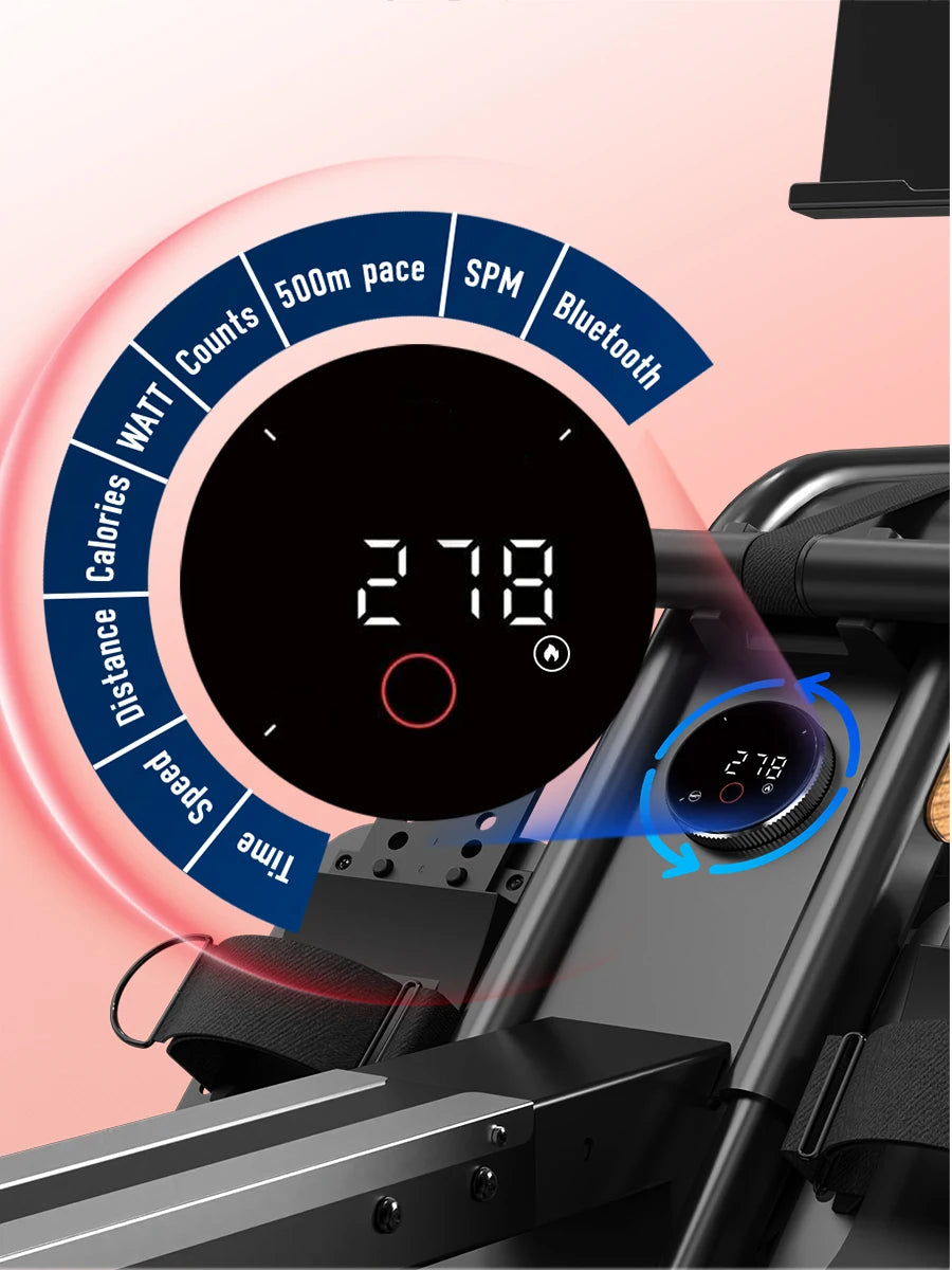 Fysiq Home Rowing Machine, Made of High-Quality Wood, 28L Extra-Large Water Tank, 50% Increased Resistance, Bluetooth Display, Maximum User Height 200cm
