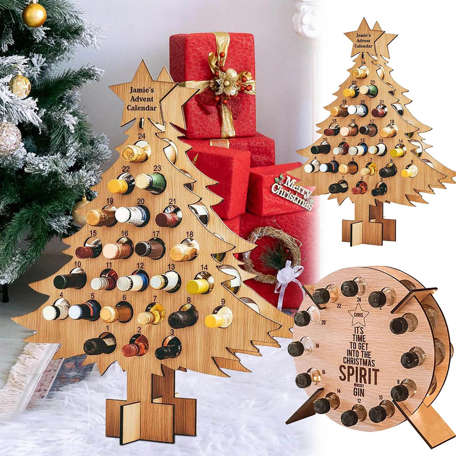 Christmas Countdown Wine Rack Wooden Christmas Tree Shaped Bottle Holder Festive Decor Ornament Craft Accessory