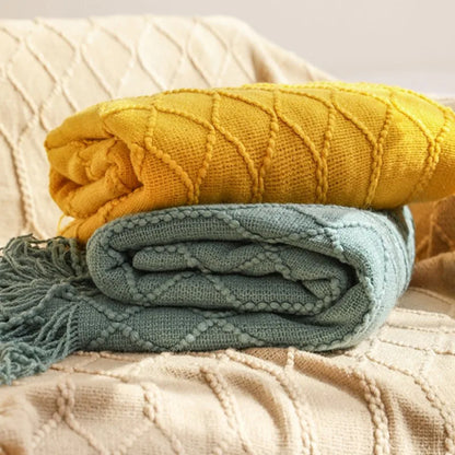 Khaki Gift Knitted Blanket with Tassels Chunky Vintage Luxury Farmhouse Throw Bedspread Oversized Blanket Cover Manta Para Sofá