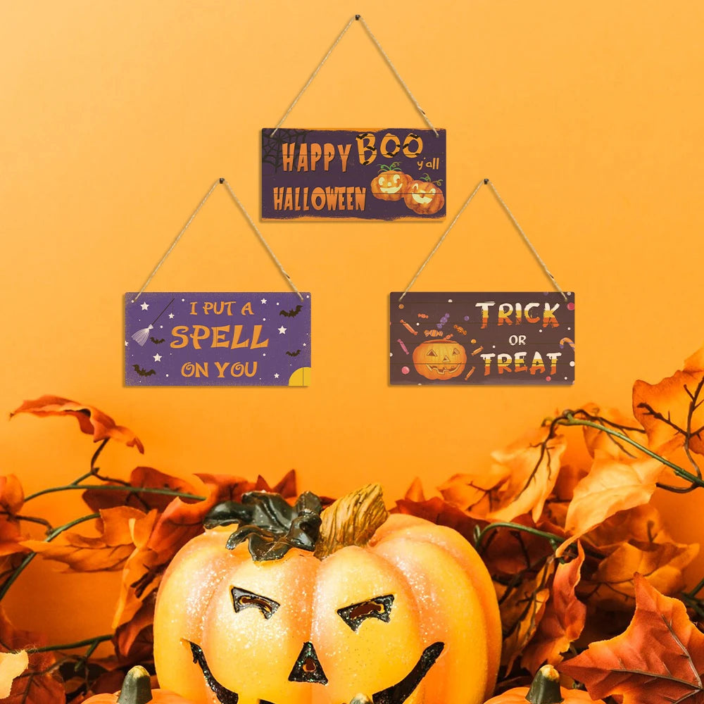 Putuo Decor Halloween Wooden Hanging Pendant Door Sign Pumpkin Ghost Bat Swith Greeting Doorplate Wood Crafts Happy Halloween Da